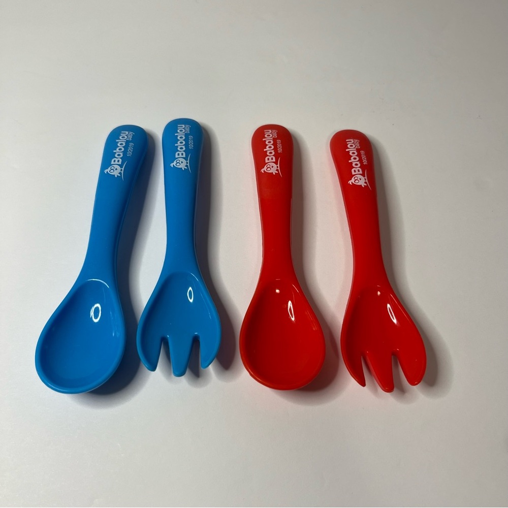 Babalou Baby Fork and Spoon Sets (2) 100% Food Safe Silicone Red/Blue